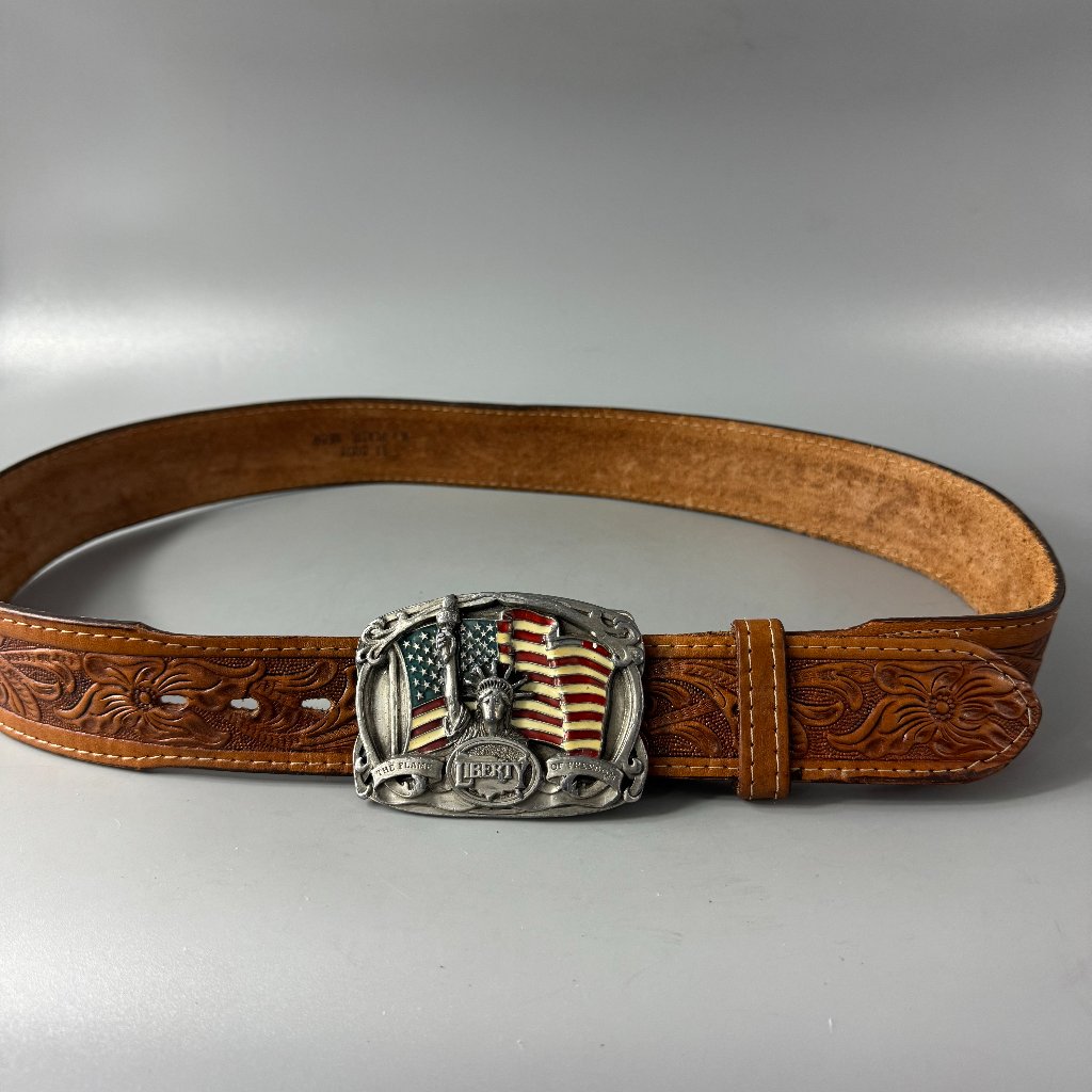 Vtg Bergamot Color Pewter Us Liberty Frame Of Freedom Belt Buckle Leather Belt